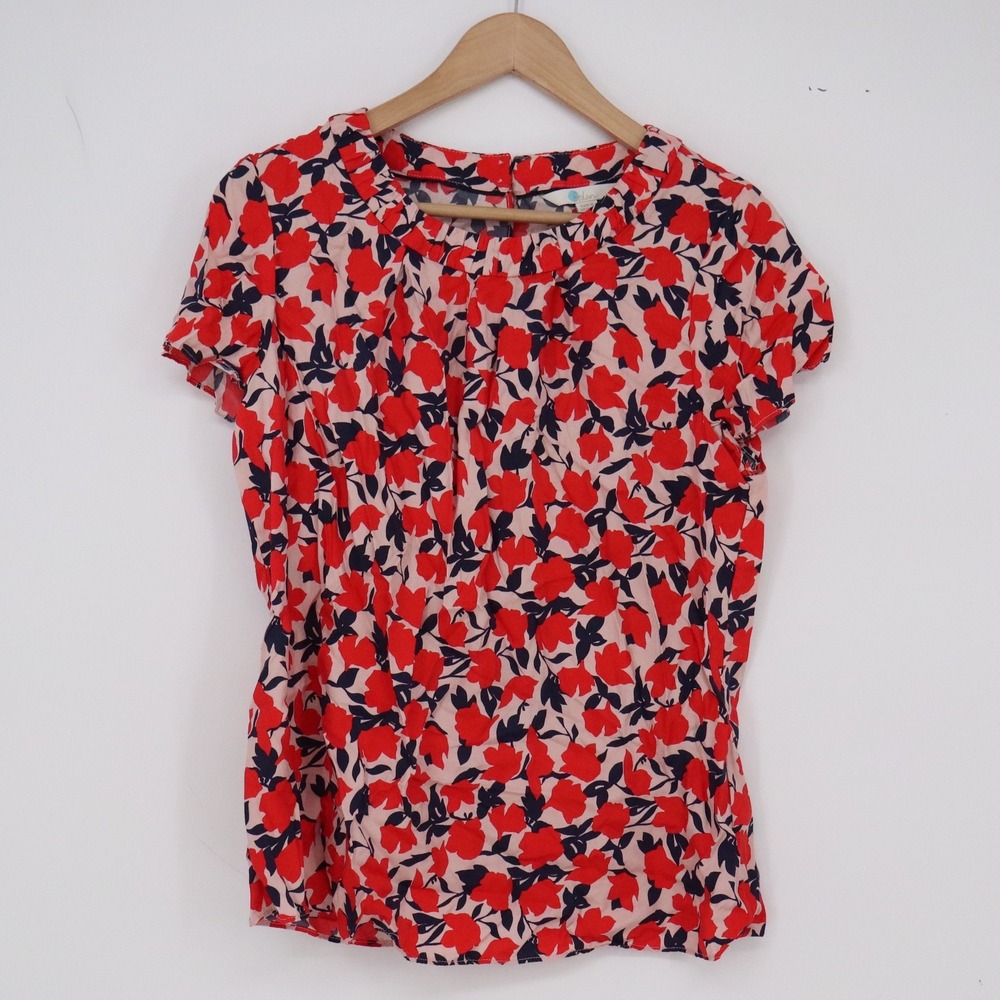 Boden Blouse Womens 8 Floral Red Navy Blue Silk Blend Pleated Neck Excellent